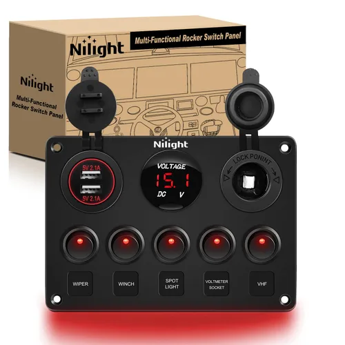 Miniatura 8 de Nilight 90101E - Cargador USB dual de 5 bandas multifunción basculante + volímetro digital + salida de 12 V, panel de interruptores precableado