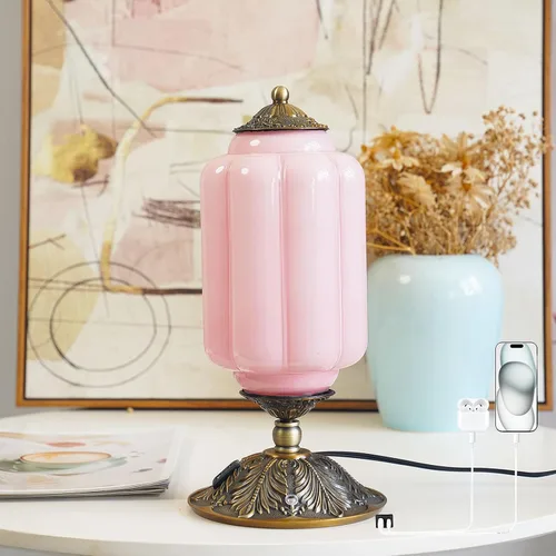 Miniatura 10 de Lámpara de mesa vintage de vidrio de leche con control táctil, elegante lámpara de noche de vidrio blanco regulable de 3 vías con puertos de carga