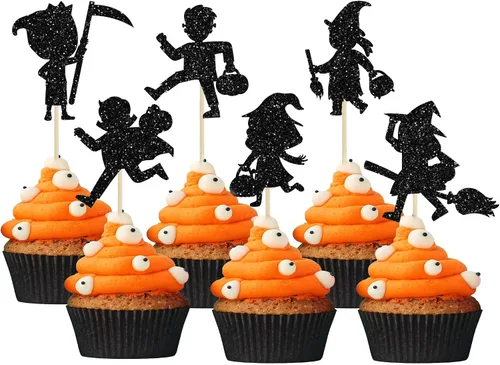 Gyufise 24 adornos de Halloween para cupcakes con purpurina negra para dulce o truco de Halloween, decoraciones para baby shower, niños y niñas,