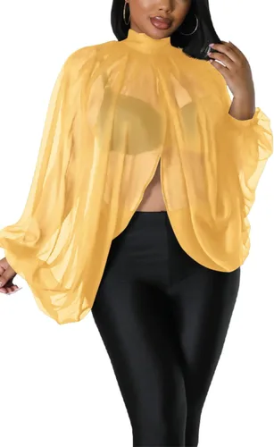 Miniatura 13 de Tops Sexys para Mujer Fiesta Club Noche con Mangas de Murciélago de Gasa Transparente con Lazo Trasero en la Parte Frontal Camisas de Mujer Casuales