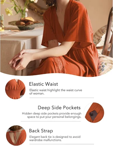Miniatura 5 de Vestido largo de encaje para mujer de manga corta y cuello en V, vestido de fiesta estilo bohemio con cintura fruncida, vestido bohemio para mujer
