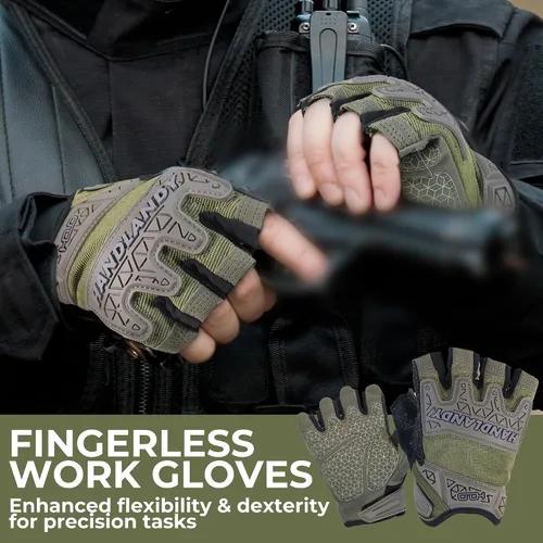 Miniatura 4 de HANDLANDY Guantes tácticos de impacto sin dedos para hombre, guantes de trabajo con agarre acolchado de medio dedo, guantes de conductor de Verde