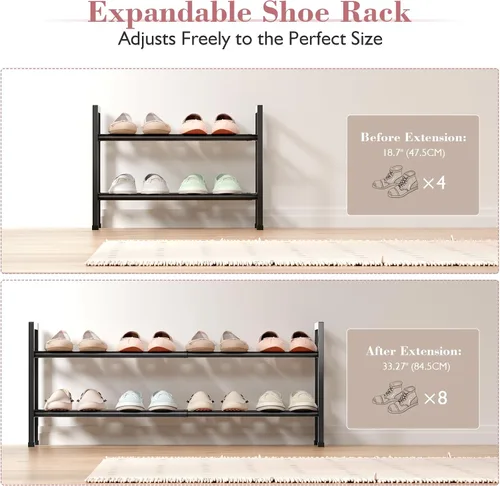 Miniatura 4 de Bumusty Zapatero expandible de 2 niveles para armario, zapatero ajustable de 18 a 33 pulgadas para espacios pequeños, organizador de zapatos pequeño