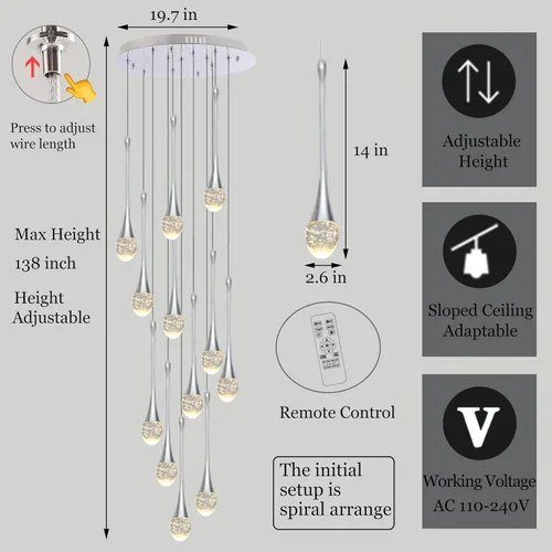 Miniatura 2 de Candelabro moderno de cristal para escalera, cromo pulido, 12 luces, H120 pulgadas, gran techo alto, espiral, regulable, LED, gota de lluvia