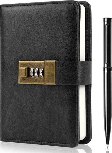 WEMATE Diario con Cerradura, Diario con Cerradura, Cuaderno de Contraseña, Bolígrafo y Caja de Regalo - Perfecto para Hombres y Mujeres - 4.3X Negro