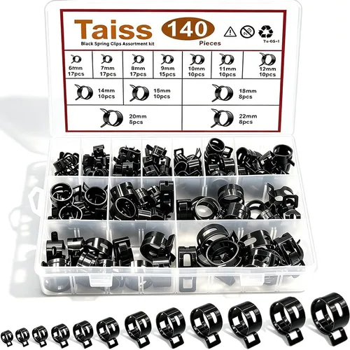 Taiss - 140 abrazaderas de manguera de resorte de 12 tamaños de 0.23 a 0.86 pulgadas, clips de manguera galvanizados de acero de resorte de 65
