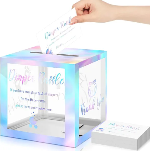 Miniatura 7 de Funrous 51 boletos para rifa de pañales con caja para invitaciones de juegos de baby shower, tarjeta de rifa de pañales para revelación de género