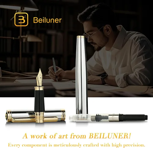 Miniatura 6 de BEILUNER Pluma Estilográfica Cromada Plateada, Impresionante Lujo con Acentos de Oro de 24K, Hermosa Plumilla Dorada de 24K (Mediana), Regalo