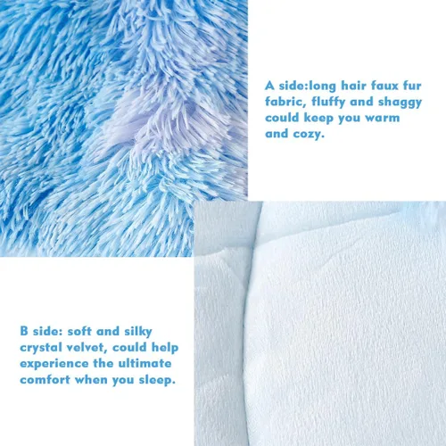 Miniatura 5 de PERFEMET Juego de cama de 3 piezas de felpa azul peluda tamaño queen, estampado de teñido largo, ropa de cama arcoíris de piel sintética para niñas