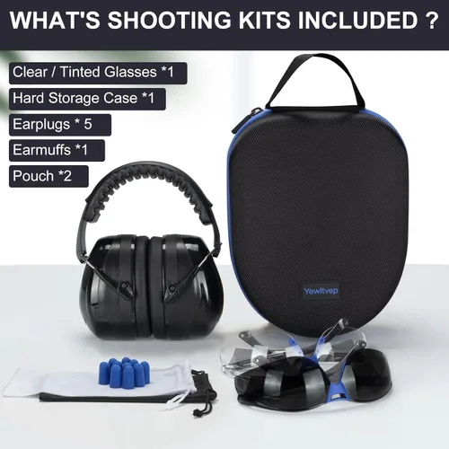 Miniatura 5 de Yewltvep Protección auditiva para disparos, protección auditiva con orejeras, gafas de seguridad para armas, tapones para los oídos, estuche de Negro