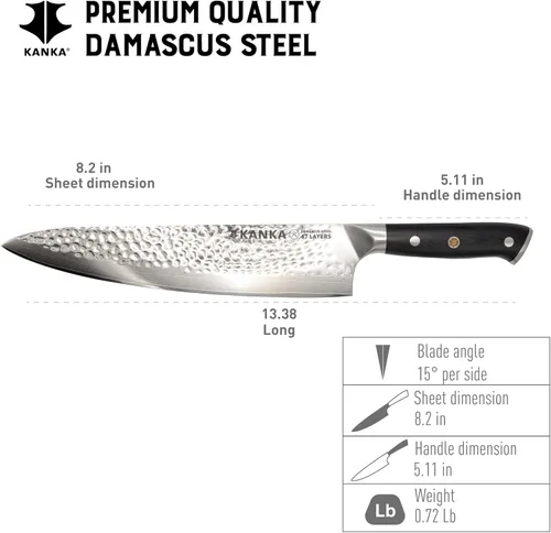 Miniatura 4 de KANKA Cuchillo de chef de acero Damasco de 8 pulgadas - 67 capas de acero profesional, núcleo de 10Cr, borde afilado 62 HRC, mango ergonómico