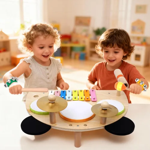 Miniatura 8 de Juego de batería para niños, instrumentos musicales Montessori para niños pequeños de 1 a 6 años, juguetes de madera, mesa de música Montessori, kit
