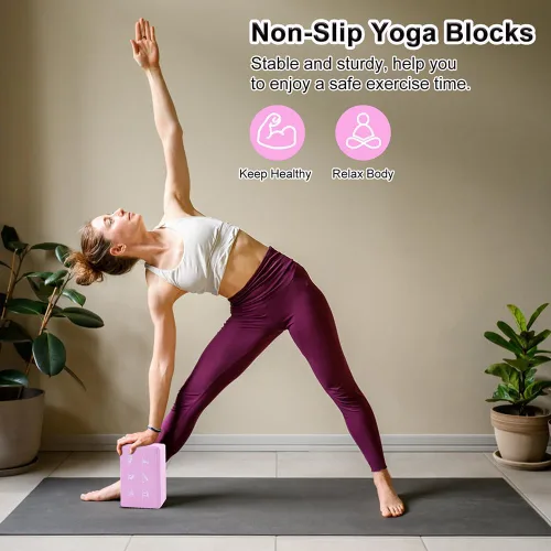 Miniatura 4 de Juego de 2 bloques de yoga y 2 correas de yoga, bloques de espuma EVA antideslizantes, ladrillos de yoga de alta densidad con correa de 6 pies, Rosa