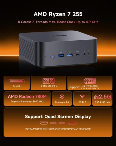 Miniatura 3 de Reatan X7 AI AMD Ryzen 7 255 Oculink Gaming Mini PC (actualizado 8745HS), Mini PC barebone (sin OS/RAM/SSD), mini computadoras de escritorio Radeon