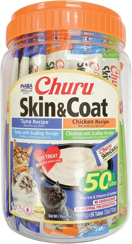 INABA - Golosinas Churu puré natural para gatos para piel y pelaje con aceites Omega, taurina y vitamina E, 0.5 onzas en cada tubo, 50 tubos en