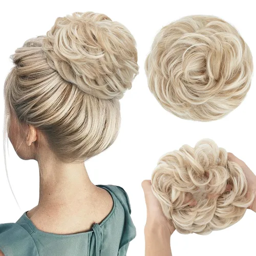 Miniatura 23 de CJL HAIR Extensiones de cabello sintético de moño desordenado, ondulado, rizado, grueso, para coleta, para mujer (rubio blanco)