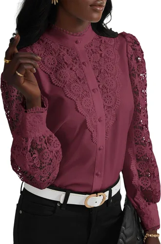 Miniatura 22 de Rooscier Blusa Elegante de Encaje de Crochet con Cuello Alto Simulado de Manga Larga con Botones para Mujer Top