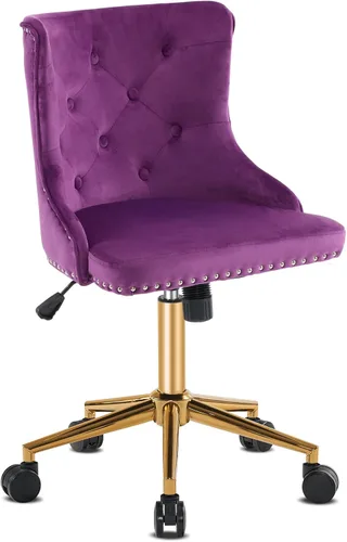 Miniatura 9 de VINGLI Silla de escritorio de oficina en casa sin brazos de color púrpura oscuro con base/ruedas doradas, pequeña silla de tocador/maquillaje linda