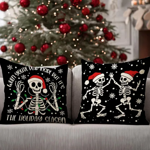 Miniatura 6 de Juego de 4 fundas de almohada decorativas de esqueleto gótico de Navidad de 18 x 18 pulgadas, diseño de calavera de Navidad, decoración del hogar al