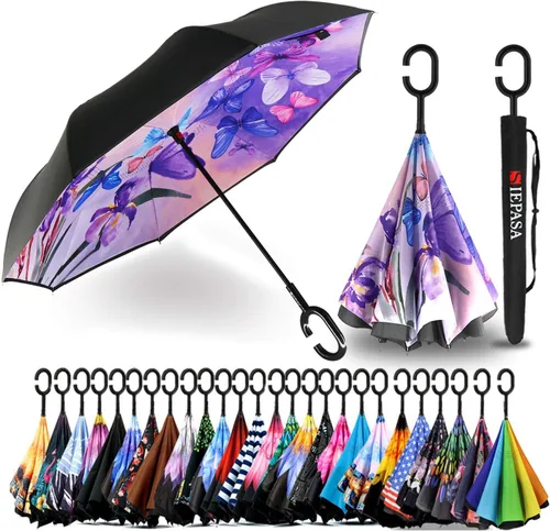 Miniatura 130 de SIEPASA Paraguas invertido invertido de 49/56 pulgadas, doble toldo extra grande, ventilado, resistente al viento, impermeable, paraguas de golf