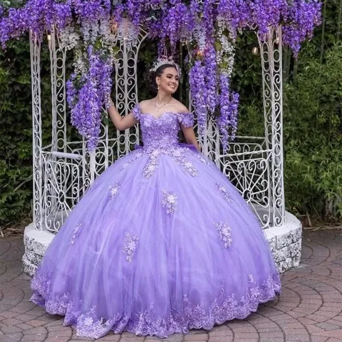 Miniatura 3 de XYAYE Vestido de quinceañera con cuentas de encaje con hombros descubiertos para mujer, vestido de fiesta con flores 3D hinchadas, dulces 15 16