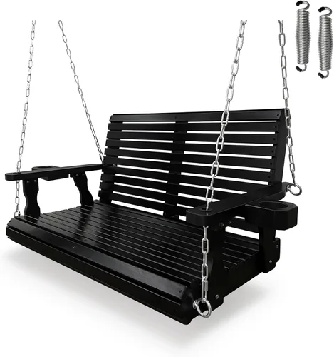 Columpio de madera para porche de 2 plazas, con respaldo alto y asiento profundo, columpio-banco con portavasos, cadenas colgantes y muelles de 7mm,