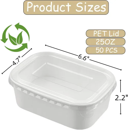 Miniatura 2 de Paquete de 50 cuencos de ensalada desechables con tapas, recipientes de comida de papel kraft blanco de 25 onzas, cuencos rectangulares para sopa a