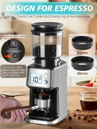 Miniatura 7 de Homtone Molinillo de café expreso con rebabas cónicas – Molinillo de frijoles eléctrico continuo de 2.008 in con ajustes de molienda, temporizador