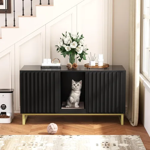 Miniatura 16 de Halitaa Caja de Arena para Gatos, Mueble Moderno de Caja de Arena para Gatos Caja de Arena Oculta con Almohadilla para Rascar, Mesa Auxiliar Casa