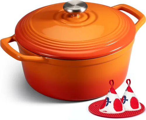 Overmont - Horno holandés de hierro fundido esmaltado, de 5.5 QT, con tapa, libro de cocina (idioma español no garantizado) y agarraderas de Calabaza