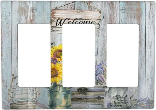 Miniatura 68 de Cubierta de interruptor de luz de 3 cuadrillas con diseño de flores azules púrpuras, cubierta de placa de pared de triple palanca, arbustos florales