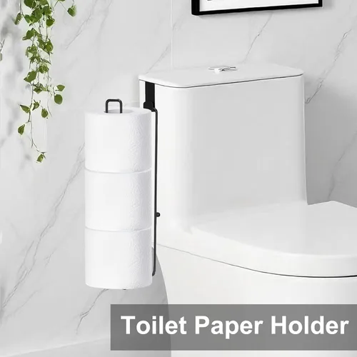 Miniatura 6 de Soporte de papel higiénico negro con almacenamiento extra de 3 rollos de papel higiénico, soporte de pared para colocar sobre el tanque, soporte 1