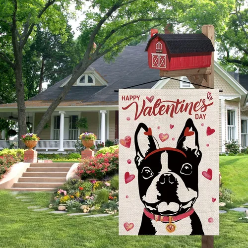 Miniatura 6 de Bandera de jardín para el día de San Valentín, banderas de perro Boston Terrier para exteriores, amor, corazón, aniversario, boda, fiesta, hogar