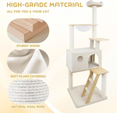 Miniatura 5 de Árbol para gatos de madera maciza de 65 pulgadas, moderno, torre para gatos de varios niveles para gatos de interior, torre resistente para gatos