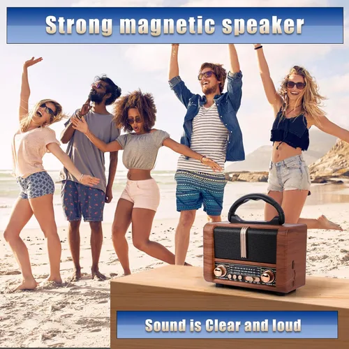 Miniatura 3 de Radio portátil retro AM FM SW 3 banda, carga USB, radio de onda corta con altavoz Bluetooth, tarjeta TF (marrón)