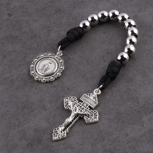 Miniatura 32 de Rosario de bolsillo estilo abierto una década de acero inoxidable rosario católico con crucifijo medalla de San Benito con bolsa de regalo