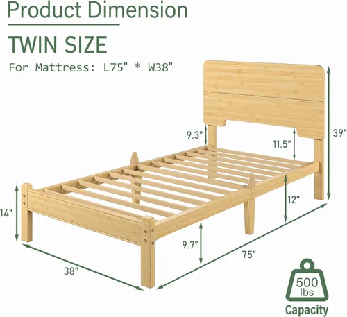 Miniatura 2 de BOSRII Base de cama de madera de bambú maciza de 12 pulgadas de alto tamaño individual con cabecero, listones de metal reforzados, sin ruido,