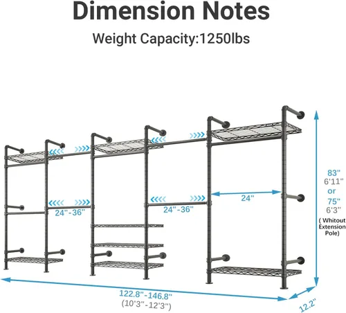 Miniatura 4 de Timate F5 Perchero de ropa expandible montado en la pared con 8 estantes ajustables y 4 varillas colgantes expandibles, perchero de ropa de tubería