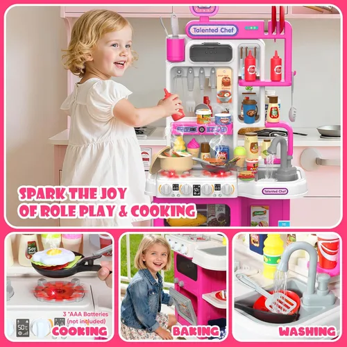 Miniatura 3 de Juego de cocina para niños, cocina de juego de 36.22 pulgadas para niños pequeños de 1 a 3 años con vapor, sonido y luz, estufa de cocina