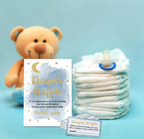 Miniatura 3 de Gihyan Juego de rifas de pañales para baby shower (1 letrero de pie + 50 tarjetas de búsqueda), boletos para sorteo de pañales de luna y estrellas