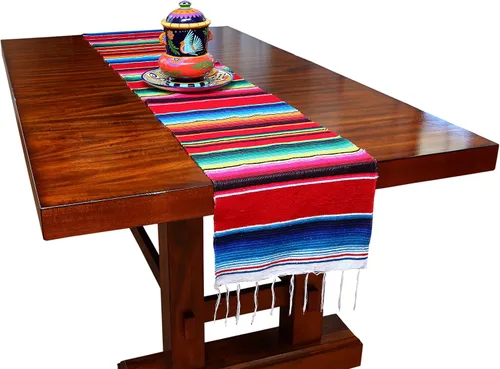 Miniatura 9 de Camino de mesa colorido a rayas fabricado en México 83x14 pulgadas.