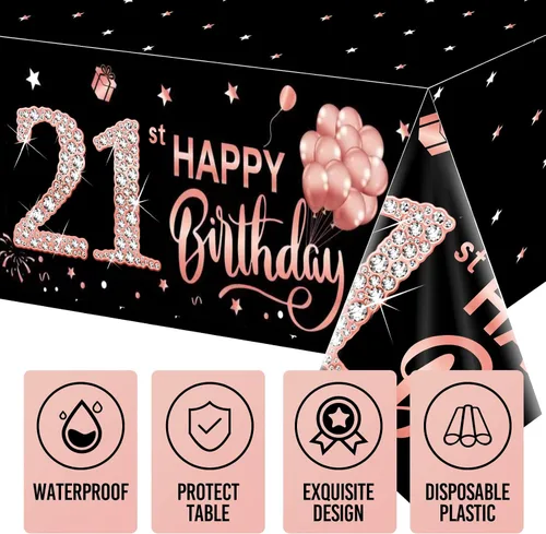 Miniatura 4 de Paquete de 3 manteles de color oro rosa para cumpleaños número 21 para mujeres y niñas, mantel temático de feliz cumpleaños 21, suministros