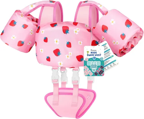 Vvinca Chaleco de natación para niños de 22 a 66 libras, entrenador de natación para niños y niñas con correa de entrepierna antirozaduras, 02-fresa