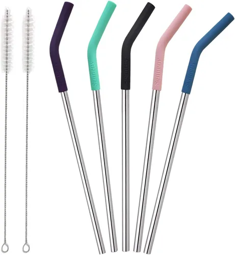 Miniatura 13 de Juego de 5 pajitas de acero inoxidable Senneny con puntas flexibles de silicona, cubiertas de codos, 2 cepillos de limpieza y 1 bolsa portátil