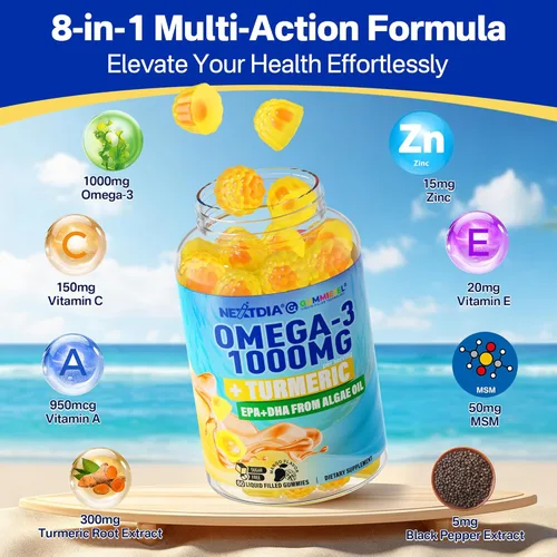 Miniatura 6 de Gomitas omega-3 + cúrcuma, alternativa de aceite de pescado Omega 3 para adultos, algas DHA de 600 mg y EPA 300 mg, vitaminas A, C, E, zinc y MSM