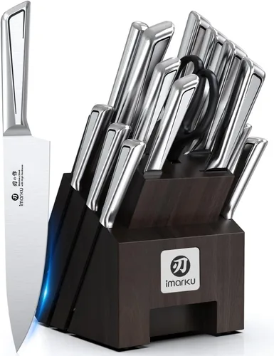 imarku Juego de cuchillos de cocina de 16 piezas con bloque de acero de alto carbono, juego de cuchillos japoneses ultra afilados para cocina, mango