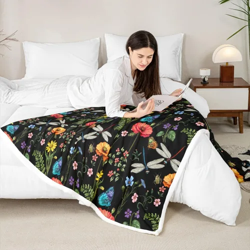 Miniatura 4 de Manta de vellón con diseño de libélula, diseño rústico de amapola en acuarela para adultos y adolescentes, decoración de habitación de animales