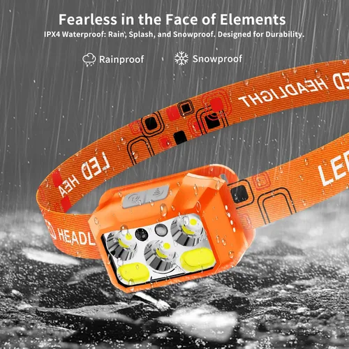 Miniatura 7 de Linterna frontal LED recargable, 800 lúmenes con luz roja y blanca, 8 modos, sensor de movimiento, carga USB-C, IPX4 impermeable (1, naranja)