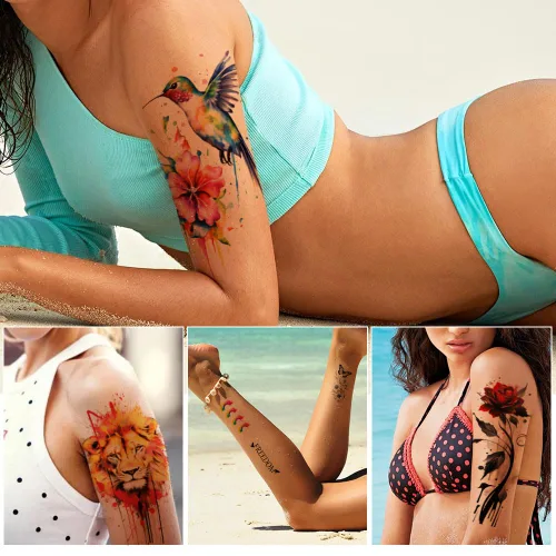 Miniatura 5 de Tatuajes temporales de acuarela de hermosos animales realistas para adultos, tatuajes estéticos de manga media brazo para mujeres y niñas, tatuajes