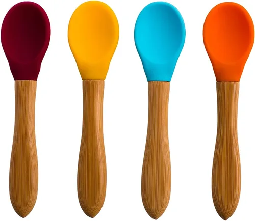 Cucharas de bambú para bebé, paquete de 4 cucharas de destete para niños pequeños, cuchara de silicona con punta suave de mango de bambú, utensilio